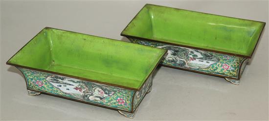 A pair of Chinese Canton enamel rectangular planters, mid 19th century, 19.5cm